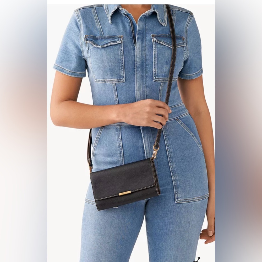 Fossil Black Leather Crossbody/wallet with Gold Accents
